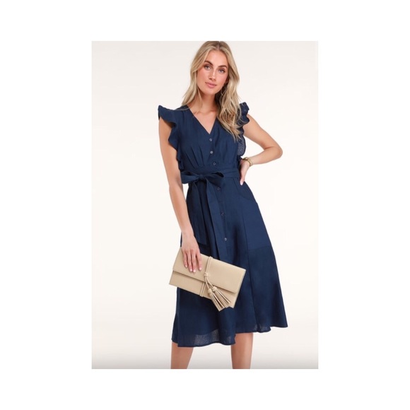 Lulus Dresses & Skirts - < *NWT* >Navy Dress Flutter Sleeve Button Up &Belt